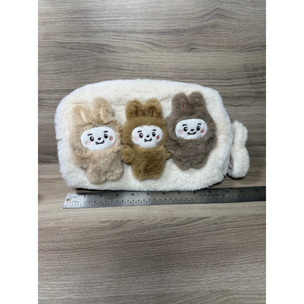 Kawaii Plush Bunny Trio Faux Fur Cosmetic Bag‎ White Makeup Pouch Zip Case